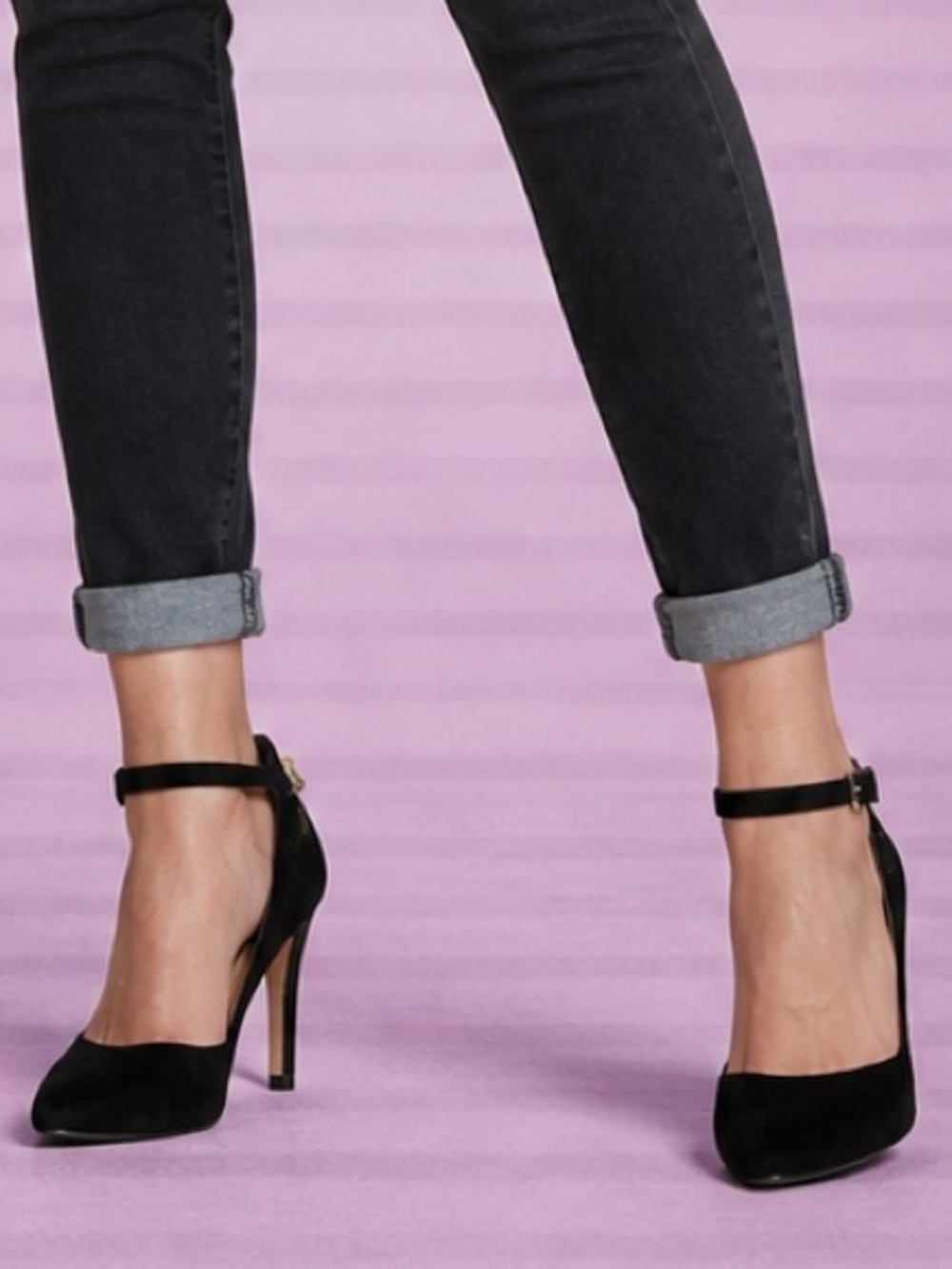 Michael Kors Black Suede Ankle Strap Heels Size 8.5 Gold Accent Pumps